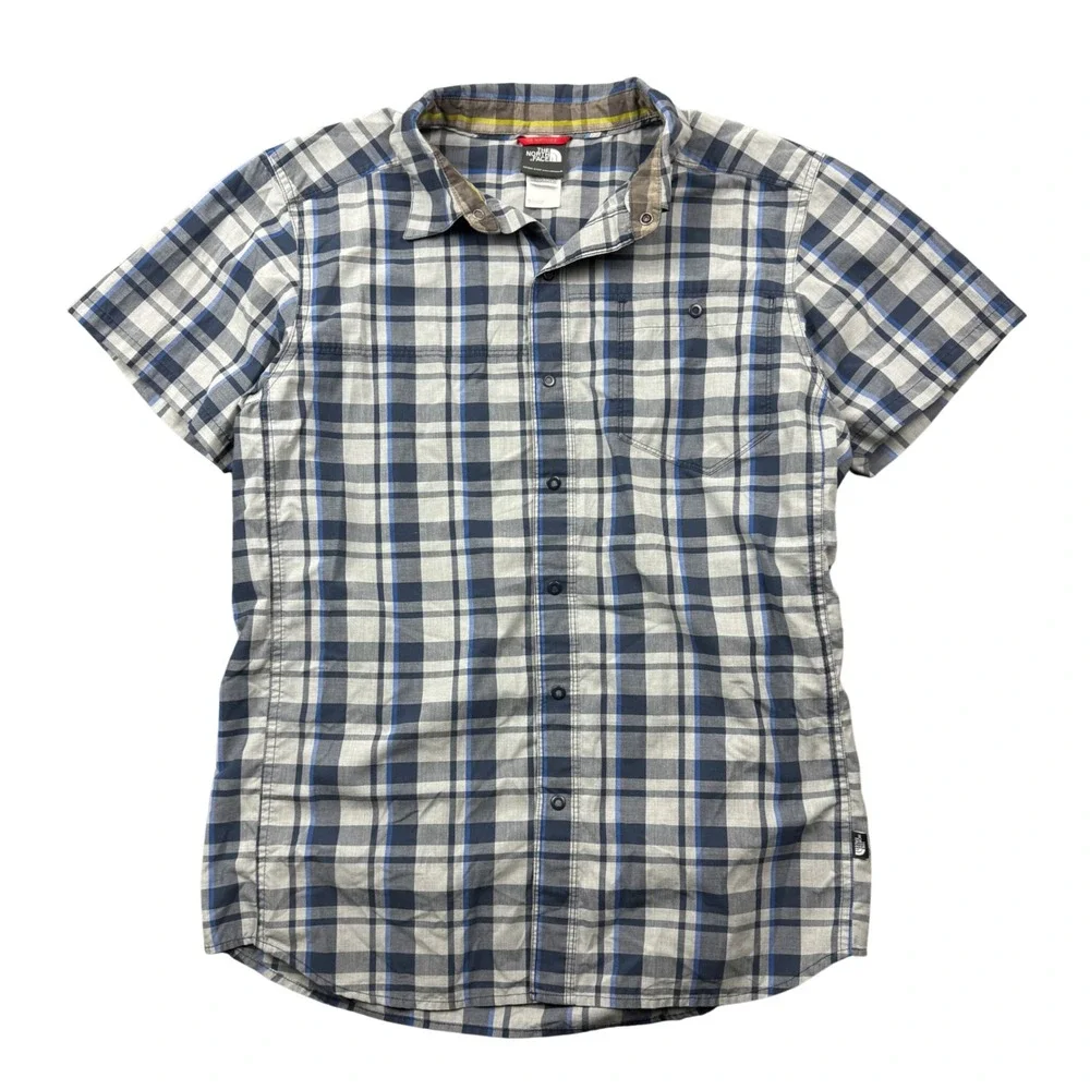 The North Face Men Medium Blue Grey Plaid Short Sleeve Button Up Shirt Hike Camp